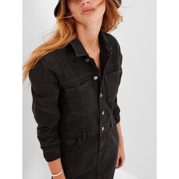 Gap Denim Dress Black Long Sleeve Button Down Pocket Mini - Picture 3 of 11